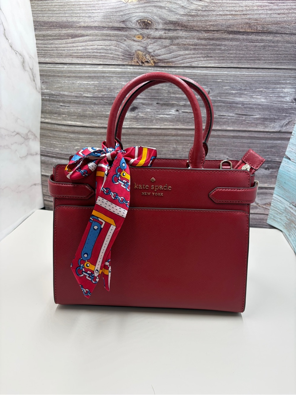 Kate Spade Red Leather Satchel with Multicolor Scarf Accent